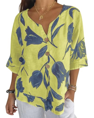 Onsoyours Damen Leinen Bluse Langarm Lose Leinenbluse V-Ausschnitt Knopf Einfarbig Blusen Hemd Shirt Langarmshirt Oberteile Tunika Lang Tops C Gelb XXL Onsoyours Damen Leinen Bluse Langarm Lose Leinenbluse V-Ausschnitt Knopf Einfarbig Blusen Hemd Shirt Langarmshirt Oberteile Tunika Lang Tops C Gelb XXL von Onsoyours