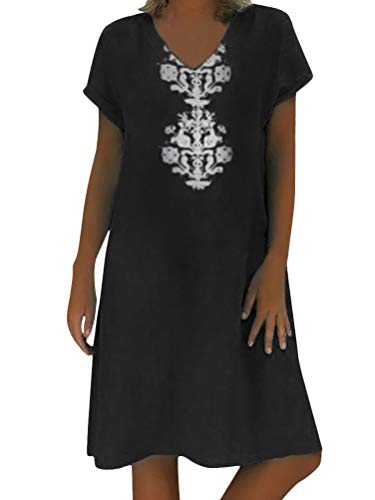Onsoyours Damen Leinen Kleider Sommer V-Ausschnitt Strandkleider Einfarbig A-Linie Kleid Boho Knielang Kleid Elegant Ärmellos Kurzarm Party Kleid C Schwarz DE 42 von Onsoyours