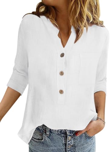 Onsoyours Damen Leinenbluse 3/4 Arm Elegant V-Ausschnitt Tunika Shirt Oberteil Flowy Locker Longshirt Tops Casual Langarmshirt Lässig Hemdbluse Damen Tops A Weiß L von Onsoyours