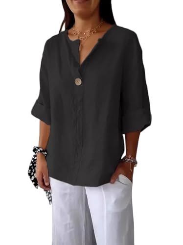 Onsoyours Damen Leinenbluse Locker V-Ausschnit Leinenhemd Elegent Kurzarm Blusenshirt Blusentops A Schwarz XXL von Onsoyours