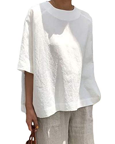 Onsoyours Damen Leinenblusen Frühling Sommer Lässige Rundhals Kurzarm T-Shirt Lose Tunika Top Oberteil Hemdbluse Große Größe A Weiß 42 von Onsoyours