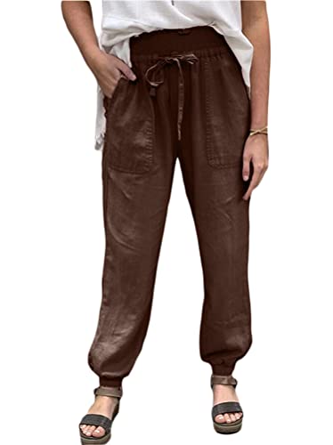 Onsoyours Damen Leinenhose Sommer Lang Leichte Freizeithose Loose Fit Haremshose Bequem Stoffhose mit Tasche Lässige Sommerhose Strandhose 7/8 Lang Hosen A Dunkelbraun XXL von Onsoyours