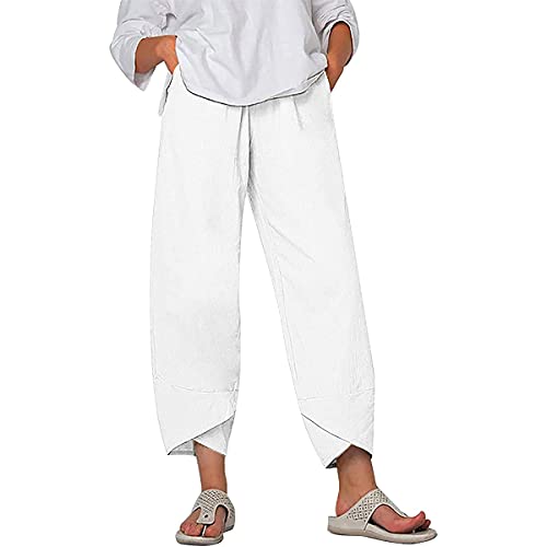 Onsoyours Damen Leinenhosen Freizeithose Sommerhose Haremshose Loose Sommerhose Boho Strand Hosen Schlupfhose Strandhose Jogginghose Bequem Yogahose A Weiß XL von Onsoyours