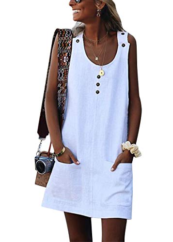 Onsoyours Damen Leinenkleid ärmellos Sommerkleid Rundhalsausschnitt Freizeitkleid Strandkleider Einfarbig Boho Tank Kleider Mit Button Und Taschen A Weiß DE 42 von Onsoyours