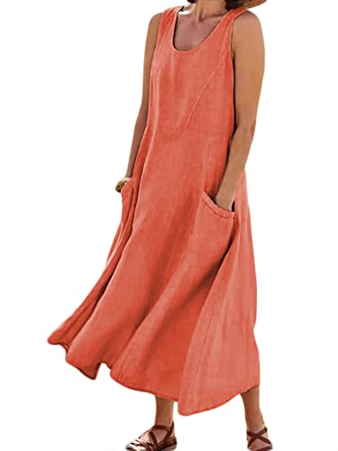 Onsoyours Damen Leinenkleid ärmellos Sommerkleid Rundhalsausschnitt Freizeitkleid Strandkleider Einfarbig Boho Tank Kleider Mit Button Und Taschen C Orange 44 von Onsoyours