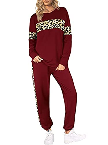 Onsoyours Damen Leopard Jogginganzug 2 Teilig Sportanzug Freizeitanzug Trainingsanzug Hausanzug Streifen Sportswear Lose Homewear Set mit Taschen Leopard Burgunder XS von Onsoyours