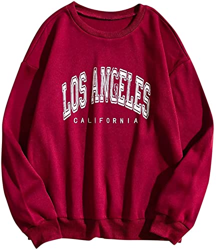 Onsoyours Damen Los Angeles Sweatshirt Langarmshirt Rundhals Damen Ohne Kapuze Teenager Mädchen Vintage Pullov Oberteile Top Weinrot XXL von Onsoyours