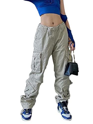 Onsoyours Damen Low Waist Cargo Jeans Gerade Breites Bein Baggy Denim Hosen Y2k Vintage Jeanshosen 90er Streetwear mit Mehreren Taschen J Grau L von Onsoyours