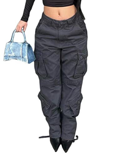 Onsoyours Damen Low Waist Cargo Jeans Gerade Breites Bein Baggy Denim Hosen Y2k Vintage Jeanshosen 90er Streetwear mit Mehreren Taschen J Grigio Scuro L von Onsoyours