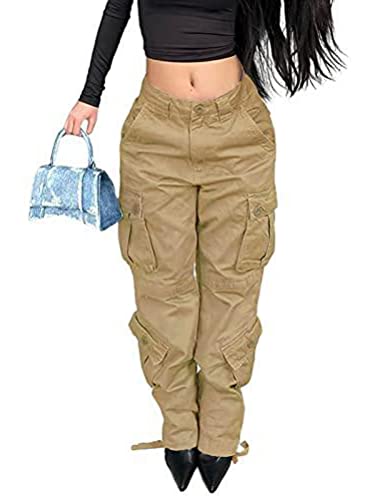 Onsoyours Damen Low Waist Cargo Jeans Gerade Breites Bein Baggy Denim Hosen Y2k Vintage Jeanshosen 90er Streetwear mit Mehreren Taschen J Khaki M von Onsoyours