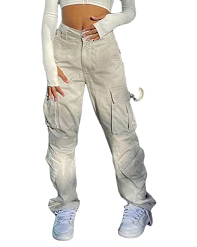 Onsoyours Damen Low Waist Jeanshose Gerade Breites Bein Baggy Pants Vintage Cargohose Denim y2k Trouser Retro Multiple Taschen Streetwear J Beige M von Onsoyours