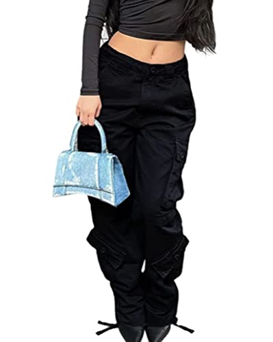 Onsoyours Damen Low Waist Jeanshose Gerade Breites Bein Baggy Pants Vintage Cargohose Denim y2k Trouser Retro Multiple Taschen Streetwear J Schwarz M von Onsoyours