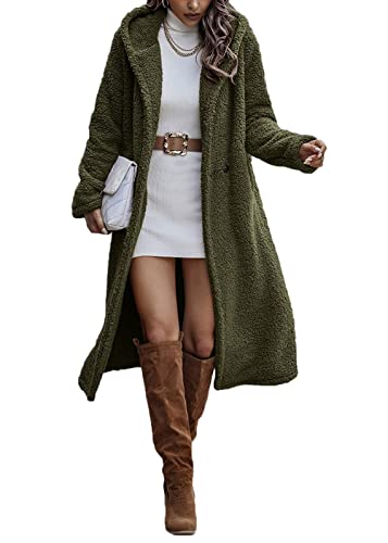 Onsoyours Damen Mantel Einfarbig Lang Plüschjacke Frau Wintermantel Warm Fleece Cardigan Revers Jacke Mit Taschen Parka Winter Jacken A Armeegrün XL von Onsoyours