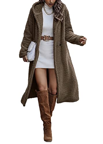 Onsoyours Damen Mantel Einfarbig Lang Plüschjacke Frau Wintermantel Warm Fleece Cardigan Revers Jacke Mit Taschen Parka Winter Jacken A Khaki XS von Onsoyours