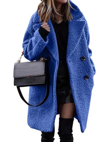 Onsoyours Damen Mantel Einfarbig Lang Plüschjacke Frau Wintermantel Warm Fleece Cardigan Revers Jacke Mit Taschen Parka Winter Jacken B Blau L von Onsoyours