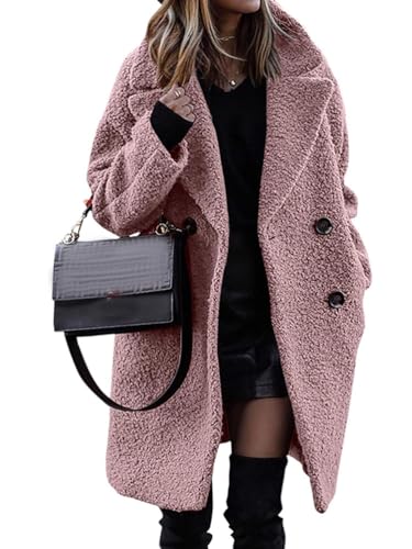 Onsoyours Damen Mantel Einfarbig Lang Plüschjacke Frau Wintermantel Warm Fleece Cardigan Revers Jacke Mit Taschen Parka Winter Jacken B Rosa L von Onsoyours