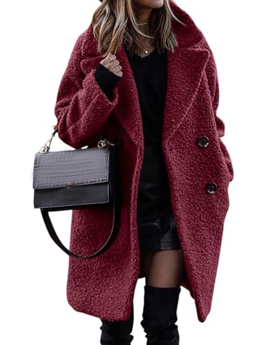 Onsoyours Damen Mantel Einfarbig Lang Plüschjacke Frau Wintermantel Warm Fleece Cardigan Revers Jacke Mit Taschen Parka Winter Jacken B Weinrot L von Onsoyours