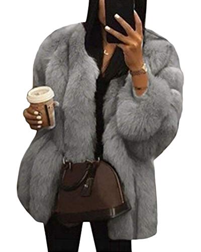 Onsoyours Damen Mantel Faux Fake V-Ausschnitt Langarm Dicker Oversize Winter Kunstfell Pelzmantel Felljacke Damen Winterjacke Plüsch Warm Wintermantel (M, A Grau) von Onsoyours