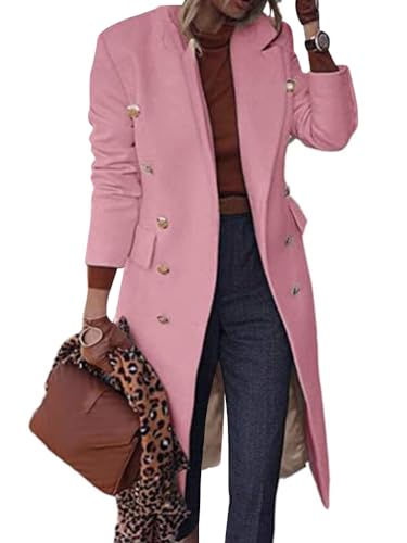 Onsoyours Damen Mantel Lang Revers Wollmantel Trench Jacke Lange Parka Overcoat Elegant Winter Langarm Einfarbig Cardigan Slim Fit Blazer Outwear A Rosa 3XL von Onsoyours