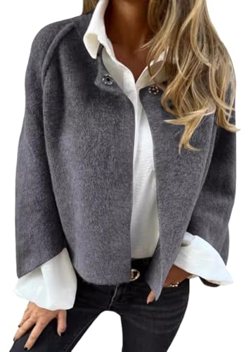Onsoyours Damen-Mantel Mit Rundhalsausschnitt Wolle Langärmelig Herbst Und Winter Warme Croppedjacke Trendig Kurz Wollmäntel Damen A Grau L von Onsoyours