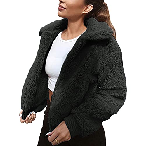 Onsoyours Damen Mantel Plüschjacke Frau Wintermantel Kurzmantel Warm Cardigan Kapuzenjacke mit Taschen Winterjacke A Schwarz S von Onsoyours