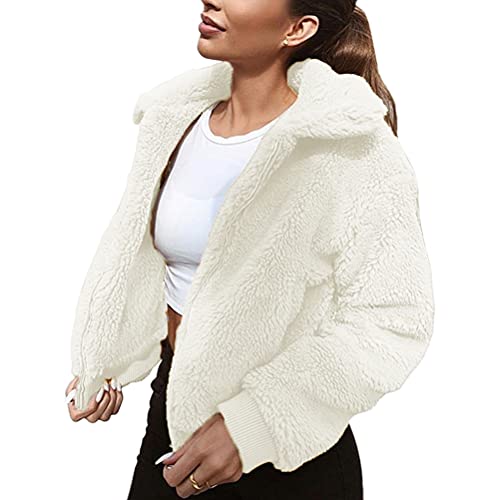 Onsoyours Damen Mantel Plüschjacke Frau Wintermantel Kurzmantel Warm Cardigan Kapuzenjacke mit Taschen Winterjacke A Weiß M von Onsoyours