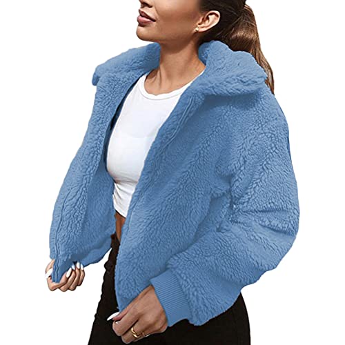 Onsoyours Damen Mantel Revers Faux Für Lose Langarm Outwear Tasche Reißverschluss Winterjacke Mode Kurz Coat A Blau L von Onsoyours