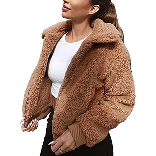 Onsoyours Damen Mantel Revers Faux Für Lose Langarm Outwear Tasche Reißverschluss Winterjacke Mode Kurz Coat A Braun L von Onsoyours