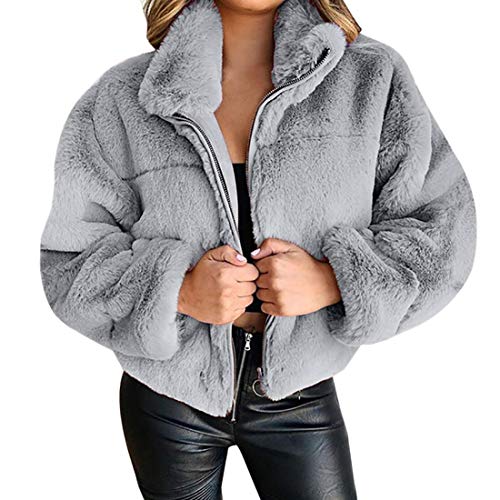 Onsoyours Damen Mantel Revers Faux Für Lose Langarm Outwear Tasche Reißverschluss Winterjacke Mode Kurz Coat Grau M von Onsoyours