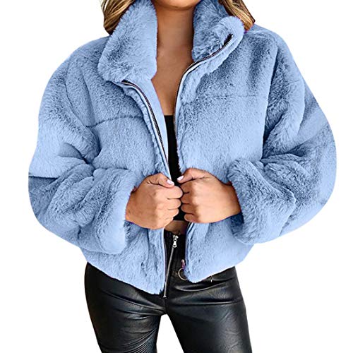 Onsoyours Damen Mantel Revers Langarm Faux Für Lose Outwear Tasche Reißverschluss Winterjacke Mode Kurz Coat Blau L von Onsoyours