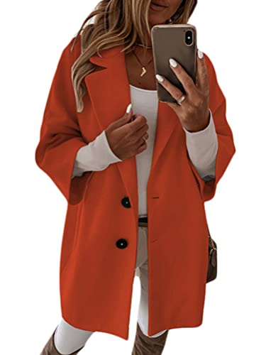 Onsoyours Damen Mantel Revers Langer Cardigan Klassische Herbst Frühling Jacke Winddichter Mantel Knopfleiste Mode Wool Coat Mit Taschen Warm Outwear Orange L von Onsoyours