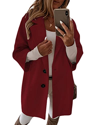 Onsoyours Damen Mantel Revers Langer Cardigan Klassische Herbst Frühling Jacke Winddichter Mantel Knopfleiste Mode Wool Coat Mit Taschen Warm Outwear Weinrot S von Onsoyours