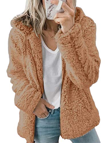 Onsoyours Damen Mantel Revers Plüschjacke Casual Langarm Outwear Tie-Dye Reißverschluss Fleecejacke Winterjacke Übergangsjacke Streetwear Mode Coat Kaffee 44 von Onsoyours