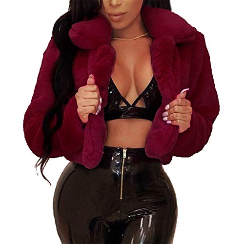 Onsoyours Damen Mantel Winter Elegant Warm Revers Faux Fur Lose Langarm Outwear Winterjacke Mode Kurz Coat Einfarbige Wintermantel für Frauen A Weinrot S von Onsoyours