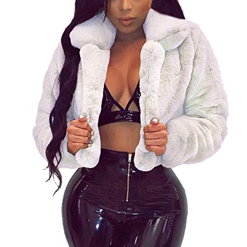 Onsoyours Damen Mantel Winter Elegant Warm Revers Faux Fur Lose Langarm Outwear Winterjacke Mode Kurz Coat Einfarbige Wintermantel für Frauen A Weiß M von Onsoyours