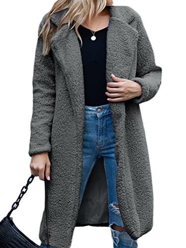 Onsoyours Damen Mantel Winterjacke Steppjacke Revers Jacke Parka Outwear Winter Warm Fleece Cardigan Lange Jacke Elegant Einfarbig Langarm Herbstjacke Wintermantel A Dunkelgrau 3XL von Onsoyours