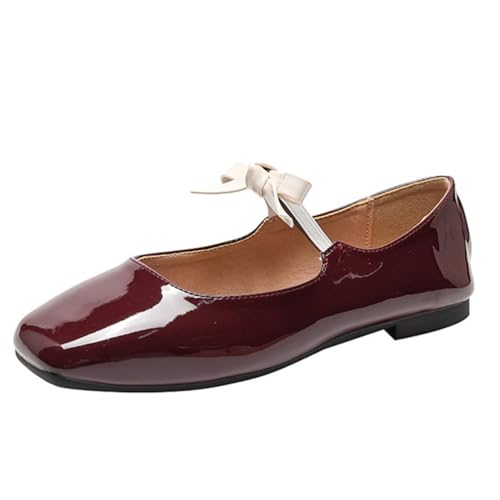 Onsoyours Damen Mary Jane Halbschuhe Flach Bequem Schuhe Cosplay Lolita Lackleder Square Toe Damen Ballerinas Elegant Damenschuhe A Burgunderrot 43 EU von Onsoyours
