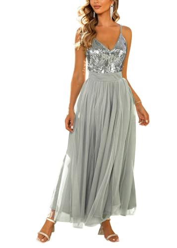 Onsoyours Damen Maxikleid Brautjungfer Neckholder Pailletten Verziert Abschlussball Hochzeit Besondere Anlässe Bridesmaid Dress B Grau M von Onsoyours