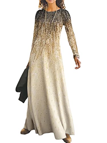 Onsoyours Damen Maxikleider Rundhals Winterkleid Freizeitkleid Langarm Retro Drucken Lose Basic Herbst Lang Kleid B Khaki 3XL von Onsoyours