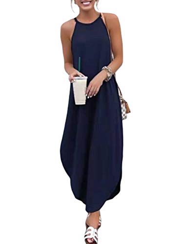 Onsoyours Damen Maxikleider V-Ausschnitt Sommerkleid Ärmellos Strandkleid Lange Chiffon Bohokleid Spaghetti Strap Casual Elegant Kleider Marine 46 von Onsoyours