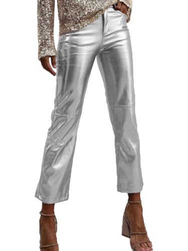 Onsoyours Damen Metallic Glänzed Hose Freizeit Casual Lang Hose Sweathose Jogginghose Einfarbig Wet Look Stretch Leggings Tanzhosen Party Disco Clubwear B Silber XL von Onsoyours
