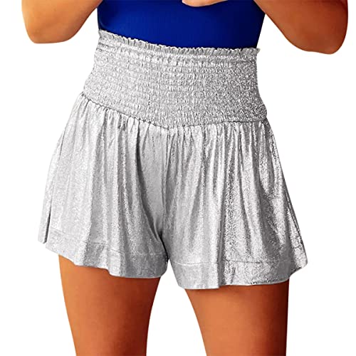 Onsoyours Damen Metallic Hotpants Pailletten Glitzer Shorts mit Hoher Taille Sexy Kurze Hose Shorts für Tanz Sport Disco Kostüm Fasching Karneval Helles Silber S von Onsoyours