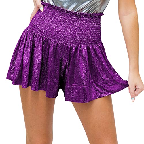 Onsoyours Damen Metallic Hotpants Pailletten Glitzer Shorts mit Hoher Taille Sexy Kurze Hose Shorts für Tanz Sport Disco Kostüm Fasching Karneval Violett M von Onsoyours