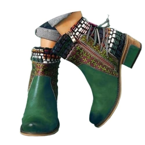Onsoyours Damen Mid Calf Stiefeletten mit Absatz Leder Chelsea Kurze Stiefel Handgefertigte Gestickt Bunte Patchwork Gestickte Blumen Vintage Stiefeletten Biker Boots Dunkelgrün 39 von Onsoyours
