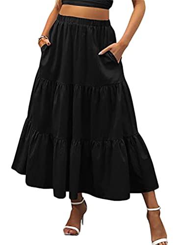 Onsoyours Damen Midi Plisseerock Elegent Boho A Linie Faltenrock Elastisch Hohe Taille Retro Swing Rock Lang Strandrock Ausgestellt Locker Skirt A Schwarz L von Onsoyours