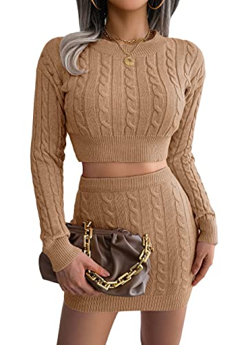 Onsoyours Damen Midirock Set Elegant Einfarbig Outfits Anzug Gesetzt Rock und Top Sets Frauen Zweiteiler Pullover Oberteil und Slim Fit High Waist Rock A Khaki L von Onsoyours