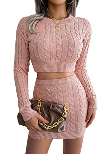 Onsoyours Damen Midirock Set Elegant Einfarbig Outfits Anzug Gesetzt Rock und Top Sets Frauen Zweiteiler Pullover Oberteil und Slim Fit High Waist Rock A Rosa M von Onsoyours