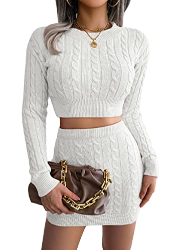 Onsoyours Damen Midirock Set Elegant Einfarbig Outfits Anzug Gesetzt Rock und Top Sets Frauen Zweiteiler Pullover Oberteil und Slim Fit High Waist Rock A Weiß S von Onsoyours