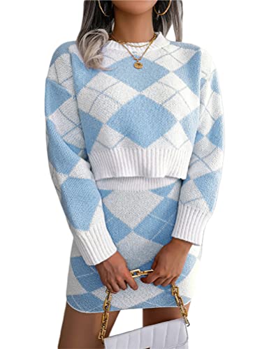 Onsoyours Damen Midirock Set Elegant Einfarbig Outfits Anzug Gesetzt Rock und Top Sets Frauen Zweiteiler Pullover Oberteil und Slim Fit High Waist Rock C Blau S von Onsoyours