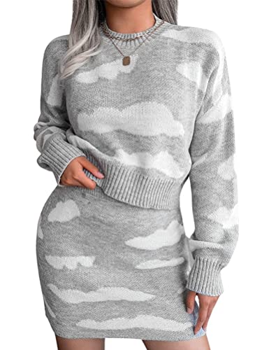 Onsoyours Damen Midirock Set Elegant Einfarbig Outfits Anzug Gesetzt Rock und Top Sets Frauen Zweiteiler Pullover Oberteil und Slim Fit High Waist Rock D Grau L von Onsoyours